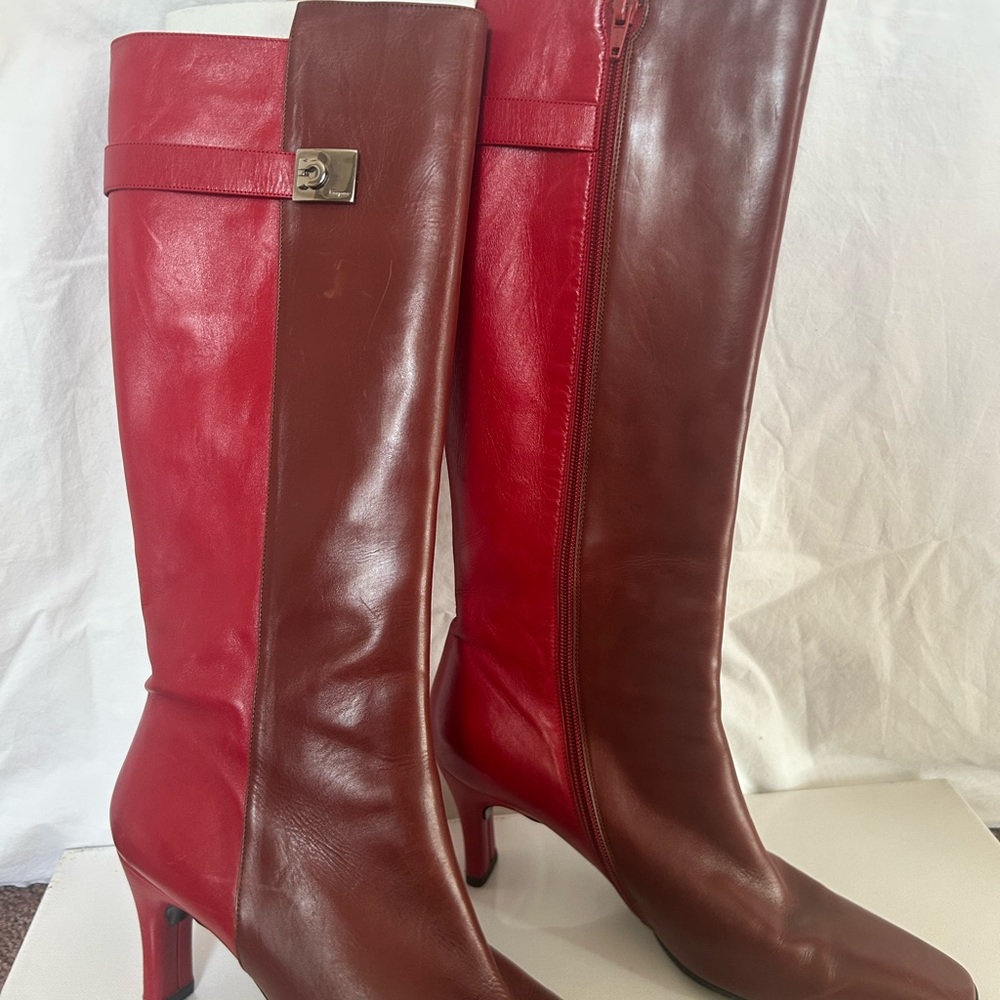 Salvatore Ferragamo Red and Brown Heeled Boots